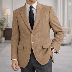 Vintage Corbin Tan Herringbone Wool Blazer Sport Coat USA Men's 40L Classic Ivy